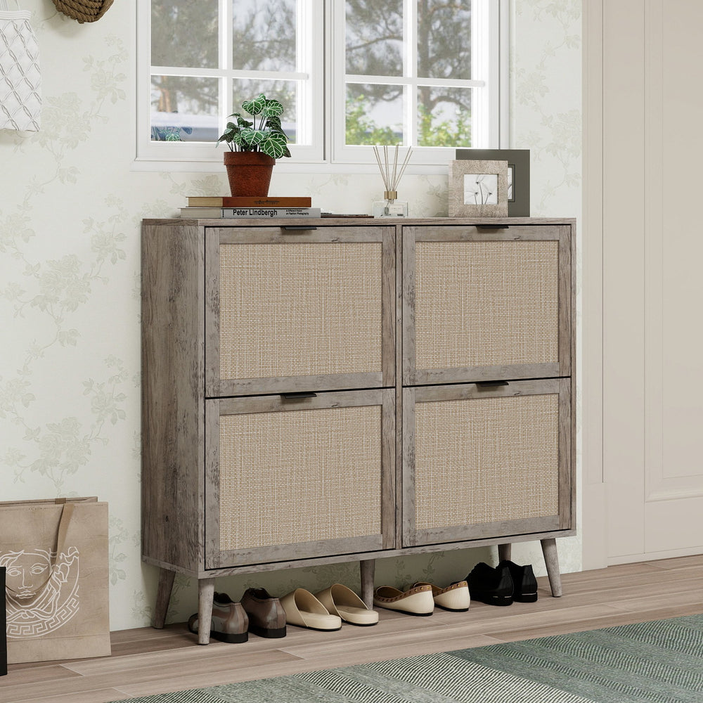 English Elm 4 Door Rattan Shoe Cabinet with Pine Legs Slim Entryway Storage Modern Style W688P173281