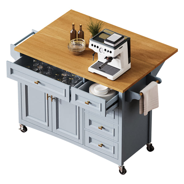 English Elm K&k Farmhouse Rolling Kitchen Island Oak Veneer Top with Drop Leaf and Storage Drawers Blue+Grey N707S195393G