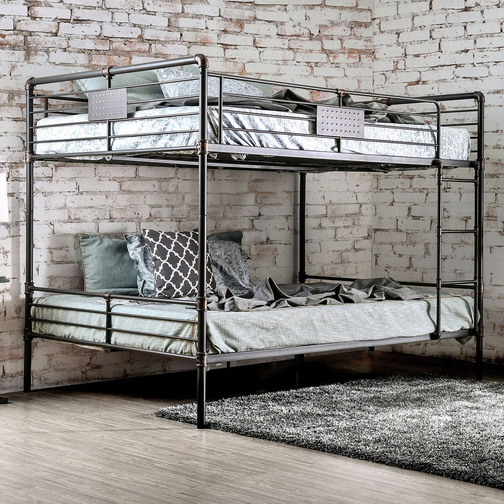 English Elm Queen Industrial Metal Bunk Bed with Pipe Frame, Built-In Slats & Ladder, Durable Retro Style 92" Antique Black 67 L x 41 W x 7 H B2741S00372