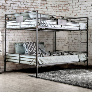 English Elm Queen Industrial Metal Bunk Bed with Pipe Frame, Built-In Slats & Ladder, Durable Retro Style 92" Antique Black 67 L x 41 W x 7 H B2741S00372