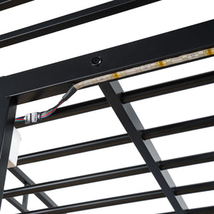 English Elm Twin Loft Bed with Built-In Desk, LED Light Strip, Power Outlet & Fabric Wardrobe for Small Rooms Black SF000178AAB