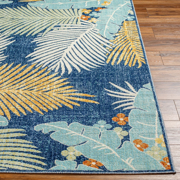 Livabliss Bodrum Tropical Coastal Polypropylene Area Rug Low Pile Outdoor Patio Living Room Tan, Dark Blue 8'10" x 12' BDM2346-81012