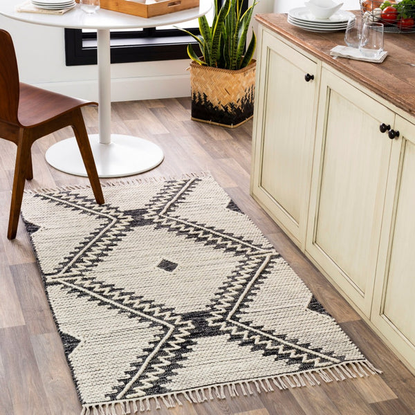 Livabliss Bedouin Handwoven Wool Cotton Flatweave Area Rug with Fringe for Bohemian Living Rooms Black, Cream 12' x 15' BDO2302-1215