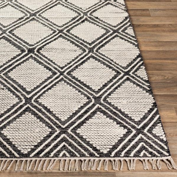 Livabliss Bedouin Handwoven Cotton Wool Blend Bohemian Accent Rug with Knotted Fringe for Entryways Black, Cream 3' x 5' BDO2304-35
