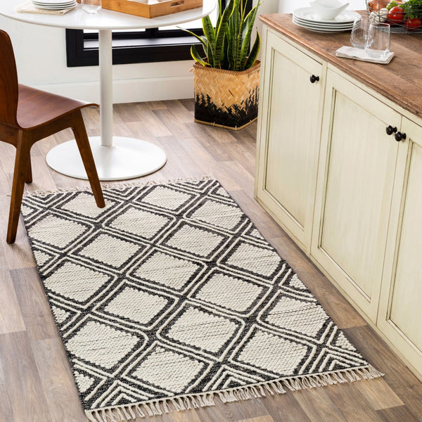 Livabliss Bedouin Handwoven Cotton Wool Blend Bohemian Accent Rug with Knotted Fringe for Entryways Black, Cream 3' x 5' BDO2304-35