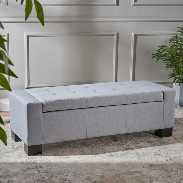English Elm Christopher Knight Home® - GUERNSEY Ottoman Bench with Tufted Waffle Stitch Fabric, Hidden Storage & Birch Legs for Living Room LIGHT GREY 67220.00FLGY