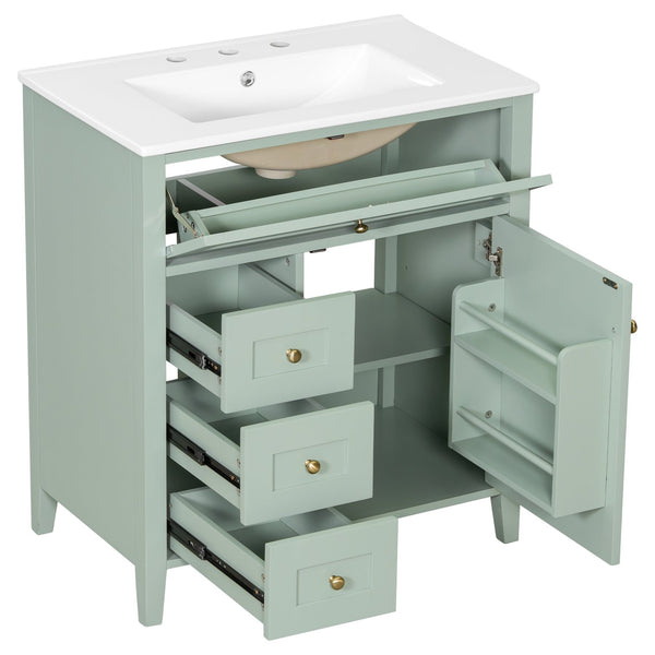 English Elm 30-Inch Contemporary Bathroom Vanity with Sink, MDF & Rubberwood, Glossy Finish, 3 Drawers + Cabinet Green N725P350819F