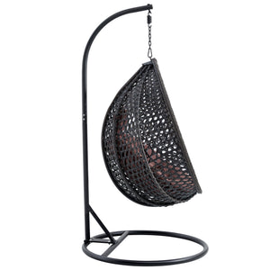 English Elm 76.8-inch Hand Woven Rattan Egg Swing Chair Indoor Outdoor with Cushion Lumbar Pillow Black W1512P498596