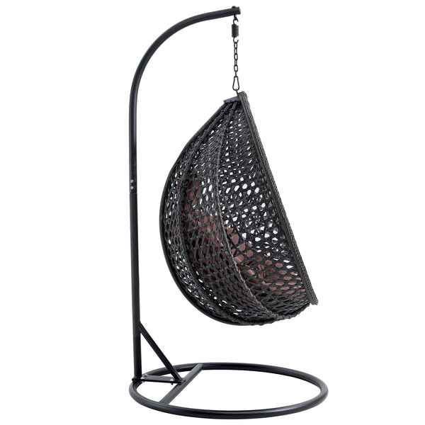 English Elm 76.8-inch Hand Woven Rattan Egg Swing Chair Indoor Outdoor with Cushion Lumbar Pillow Black W1512P498596