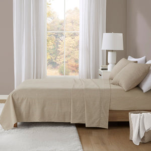 JLA Home Beautyrest - 4 Cozy Cotton Flannel Sheet Set Oversized Deep-Pocket 4-Piece OEKO-TEX Soft Brushed Warmth Every Night Beige/White Stripes BR20-4173