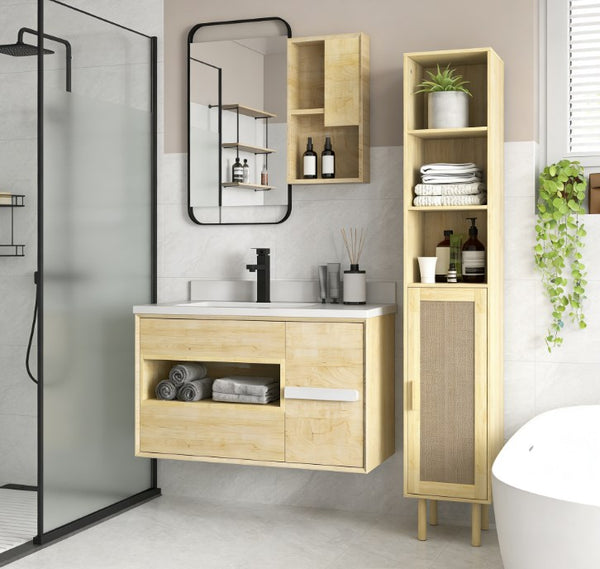 English Elm Nordic Tall Bathroom Storage Cabinet with Woven Rattan Doors and Open Shelving T3971P430664