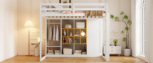 English Elm Twin Loft Bed with Wardrobe Shelves and Cabinet Kids Bedroom Wood Storage Frame Yellow+White N708S00024K