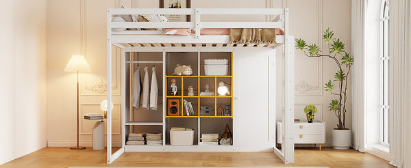 English Elm Twin Loft Bed with Wardrobe Shelves and Cabinet Kids Bedroom Wood Storage Frame Yellow+White N708S00024K