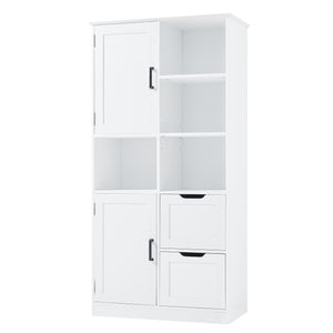 English Elm Bathroom Tall Storage Cabinet with Doors, 2 Drawers, Adjustable Shelf, Anti-Tip, MDF White, Sleek Handles WF530559AAK