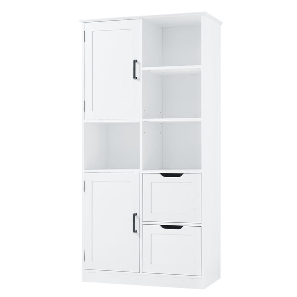 English Elm Bathroom Tall Storage Cabinet with Doors, 2 Drawers, Adjustable Shelf, Anti-Tip, MDF White, Sleek Handles WF530559AAK