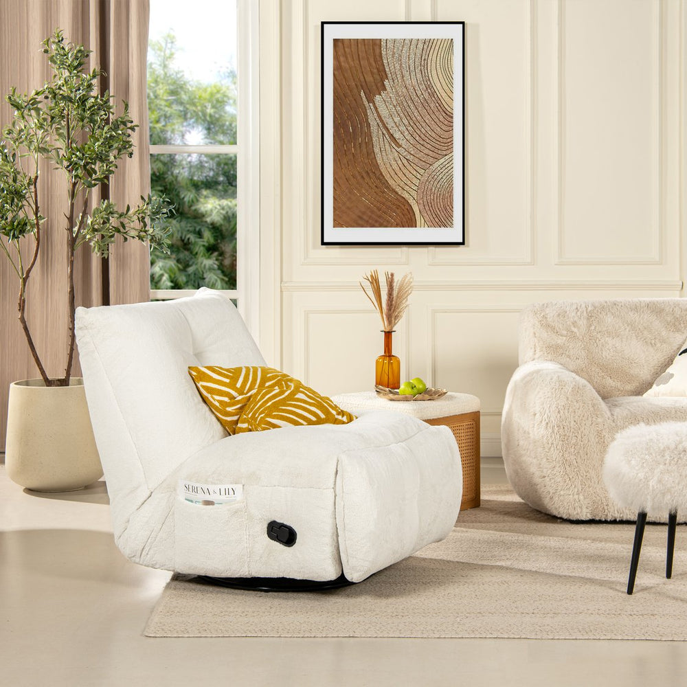 English Elm Jennifer Taylor Home - Rearden Oversized 35.5" Swivel Glider Recliner Chair in Pearl White Faux Sherpa Fur with Storage Pocket B2719P238499