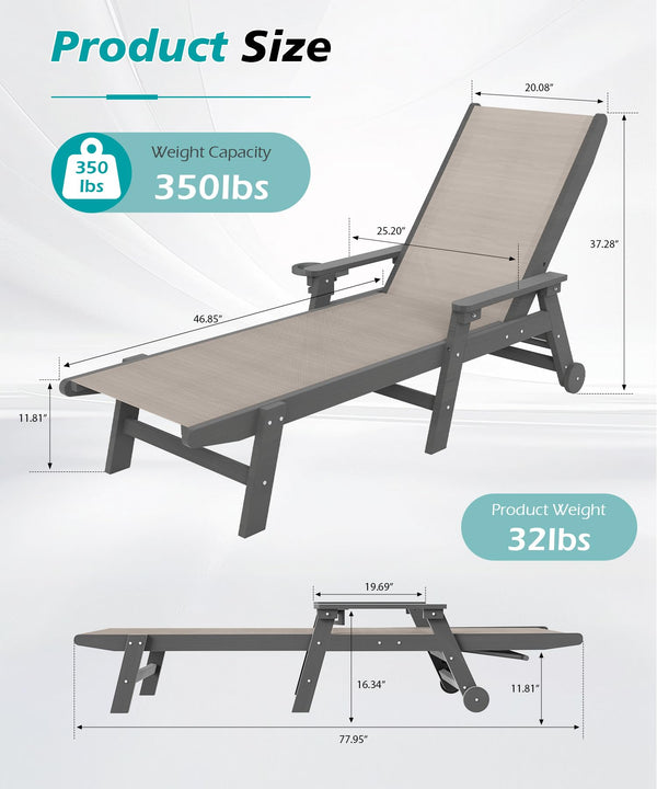 English Elm Lounge Outdoor Hdpe Reclining Chaise with Teslin Fabric Seat Wheels and Cup Holder Khaki W1859P494791