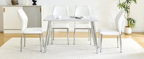 English Elm Table and Chair Set Marble Glass Top Silver Legs Four Seat Modern Dining W1151S04641