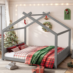 English Elm Queen House Bed Frame Solid Pine Low Profile Montessori Floor Design for Kids Room W1580P387854