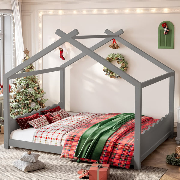 English Elm Queen House Bed Frame Solid Pine Low Profile Montessori Floor Design for Kids Room W1580P387854