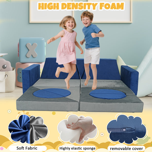 English Elm 15pcs Modular Toddler Play Couch Set Velvet Foam Fort Building Playroom Seating Blue+Grey T5880P493418