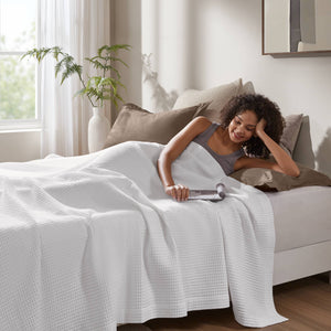 JLA Home Madison Park - Cotton waffle weave blanket — ultra-soft, breathable, OEKO-TEX certified layer for lightweight year-round comfort and durability 90 L x 90 W x 0.25H BR51N-3823