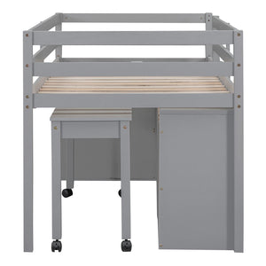 English Elm Twin Loft Bed Pinewood Frame Four Drawers Retractable Study Desk Kids Bedroom Gray LT000368AAE
