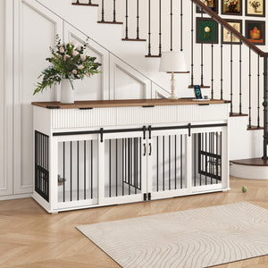 English Elm 71'' Walnut Woodgrain Dog Kennel Cabinet with Fluted Drawers and Built-in Power Station W5216S00001