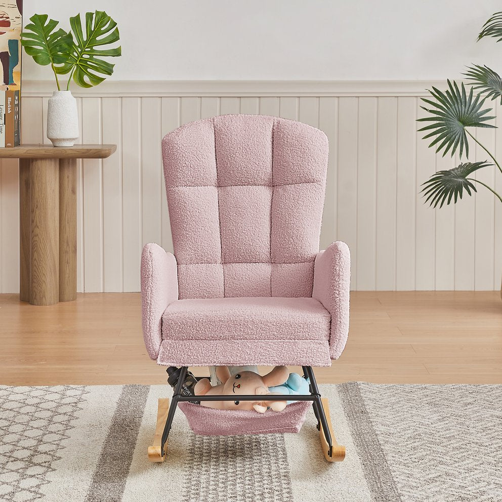 English Elm Beige Plush Teddy Fabric Rocking Chair High Back Armchair for Nursery or Reading Nook Pink W3985P386791