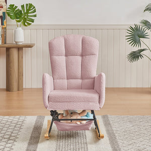 English Elm Beige Plush Teddy Fabric Rocking Chair High Back Armchair for Nursery or Reading Nook Pink W3985P386791
