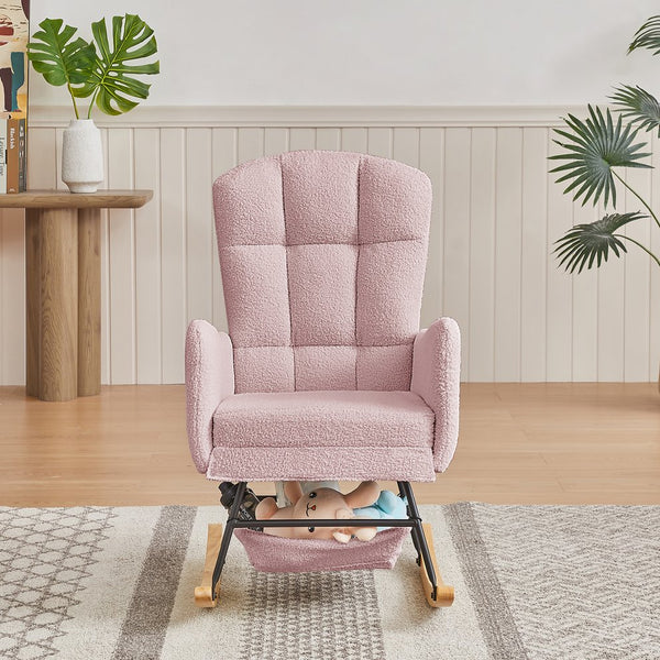 English Elm Beige Plush Teddy Fabric Rocking Chair High Back Armchair for Nursery or Reading Nook Pink W3985P386791