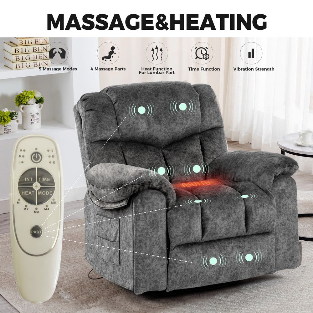 English Elm Swivel Recliner Chair with 8-Point Massage, Lumbar Heat, 360° Swivel, Rocking, USB & Cup Holders Grey W1403P172912