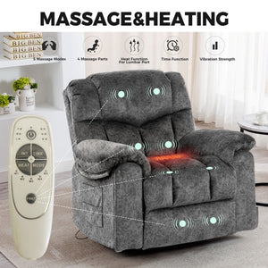 English Elm Swivel Recliner Chair with 8-Point Massage, Lumbar Heat, 360° Swivel, Rocking, USB & Cup Holders Grey W1403P172912