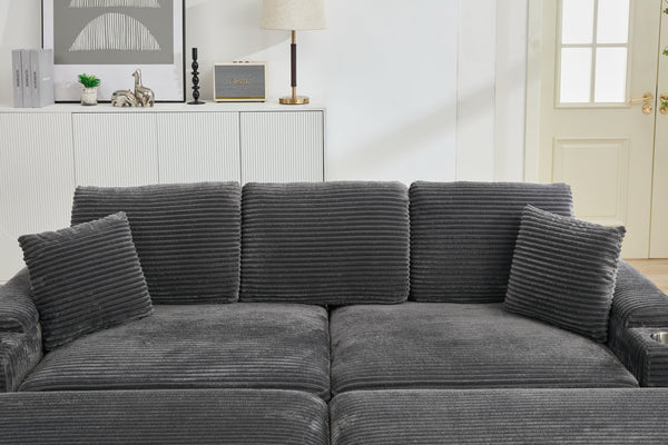 English Elm Corduroy Upholstered Chaise Lounge Sofa with Movable Ottoman, Cup Holder, Deep Seat Comfort Grey W2120S00007