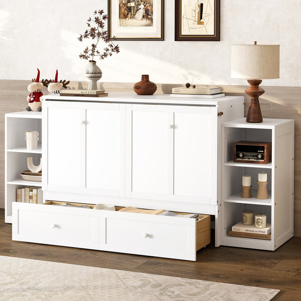English Elm Full-Size Murphy Bed With Stylish Storage Drawers & Shelves – Perfect For Compact Spaces & Guests! W1580S00251