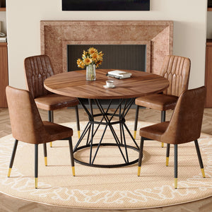 English Elm Table and Chair Set Walnut Round Dining for Four with Sculptural Metal Base W1151S04845