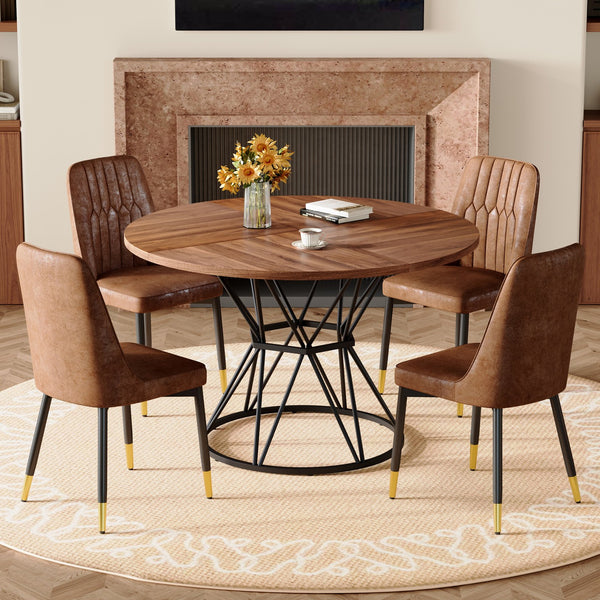 English Elm Table and Chair Set Walnut Round Dining for Four with Sculptural Metal Base W1151S04845