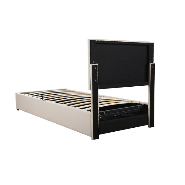 English Elm Twin Upholstered Hydraulic Storage Bed with Vertical Stripe Headboard, Space-Saving Modern Platform Beige SF000185AAA