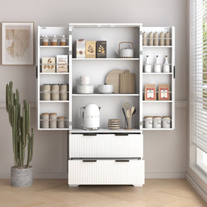 English Elm 72" Modern Fluted Pantry Cabinet with 2 Large Silent Drawers, 8-Door Spice Rack & Adjustable Shelf Organizer White W2917P294993