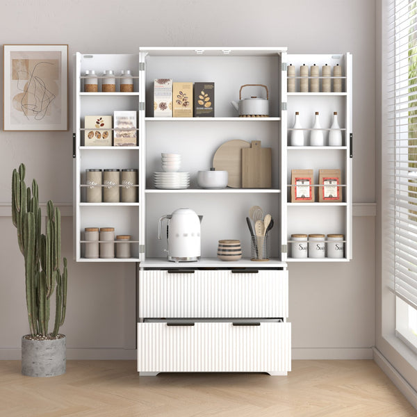 English Elm 72" Modern Fluted Pantry Cabinet with 2 Large Silent Drawers, 8-Door Spice Rack & Adjustable Shelf Organizer White W2917P294993