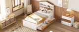 English Elm Twin Size House-Shaped Wooden Bed With Storage Shelf On The Headboard, Built-In Two Storage Drawers, Brown