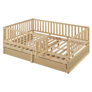 English Elm Full Size Pinewood Kids Daybed with Fence Rails Split Floor Bed and Storage Drawers Natural LP100882AAN