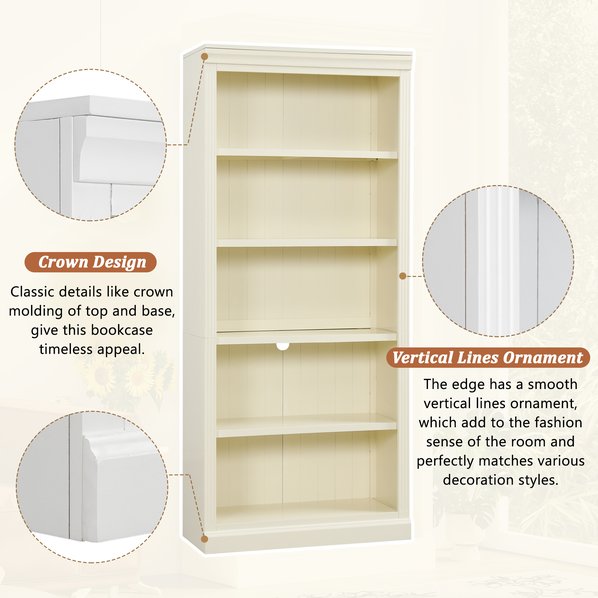 English Elm 83" 5-Tier Bookcase Suite with LED Light Strip, Adjustable Shelves, Cable Management & Solid Wood Frame Beige+yellow N751S246920A