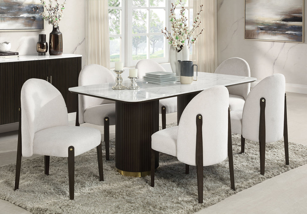 English Elm Clayten White Marble Top Dining Table with Espresso Pedestal Base Seats Six B2726S00085