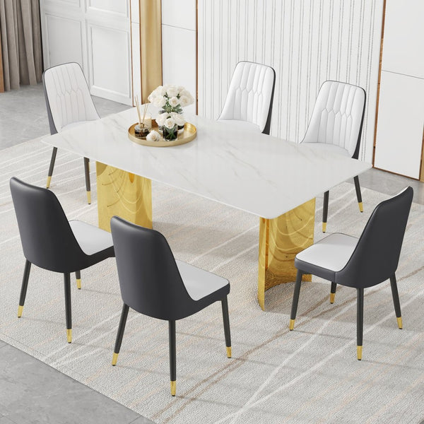 English Elm Table And Chair Set - Modern Glass Top With Imitation Marble And Gold Legs, 6 Stylish Pu Chairs W1151S04357-GIGA