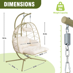 English Elm 2 Person Wicker Hanging Egg Chair with Stand Padded Cushions Patio Swing Seat T5880P500218