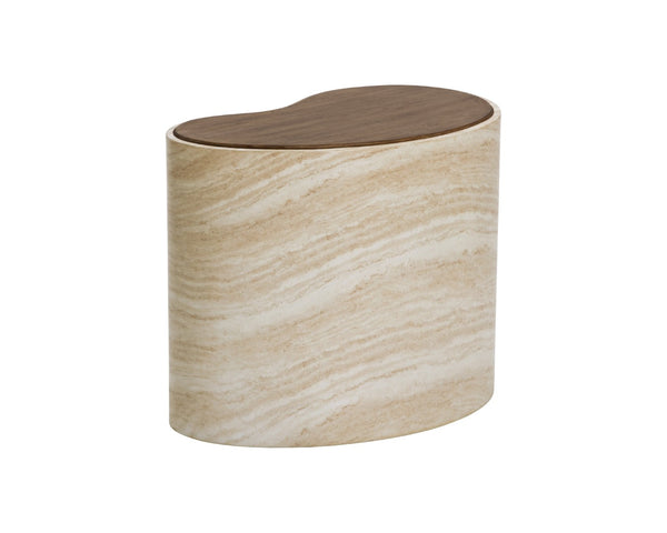 Sunpan ISHIKO Coffee Table - Sculptural Design with Warm Wood Top & Travertine Base for Modern Living Spaces 112578