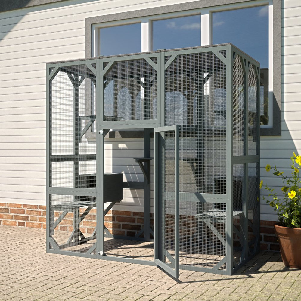 English Elm Outdoor Wooden Catio Enclosure with Platforms Condos and Weatherproof Fir Frame for Cats W1422P345496