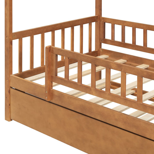 English Elm Twin House Bed with Trundle Solid Pine Frame Walnut Kids Bedroom Sleepover N708P357115L