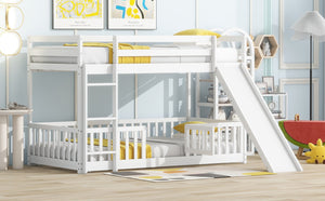 English Elm Twin Over Twin Floor Bunk Bed With Slide & Ladder - Solid Pine Wood, White Finish, Safe & Fun Design! W504S00190-GIGA